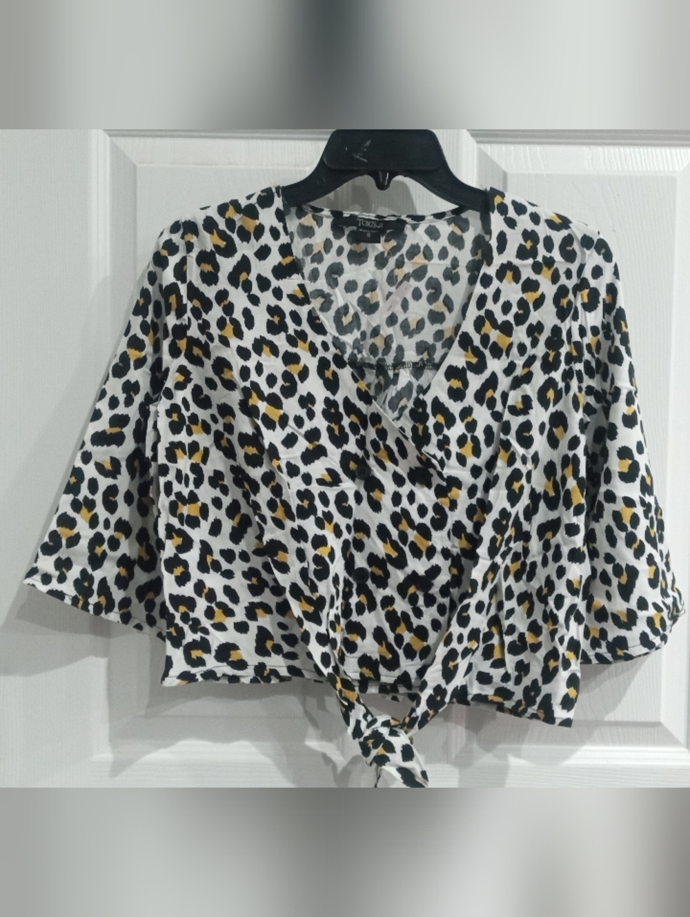 Tie-Front Leopard Print Blouse in White and Mustard